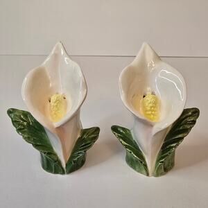 Salt Pepper Shakers Set Fitz & Floyd Calla Lily Valley 3D Flower Vtg OCI Japan